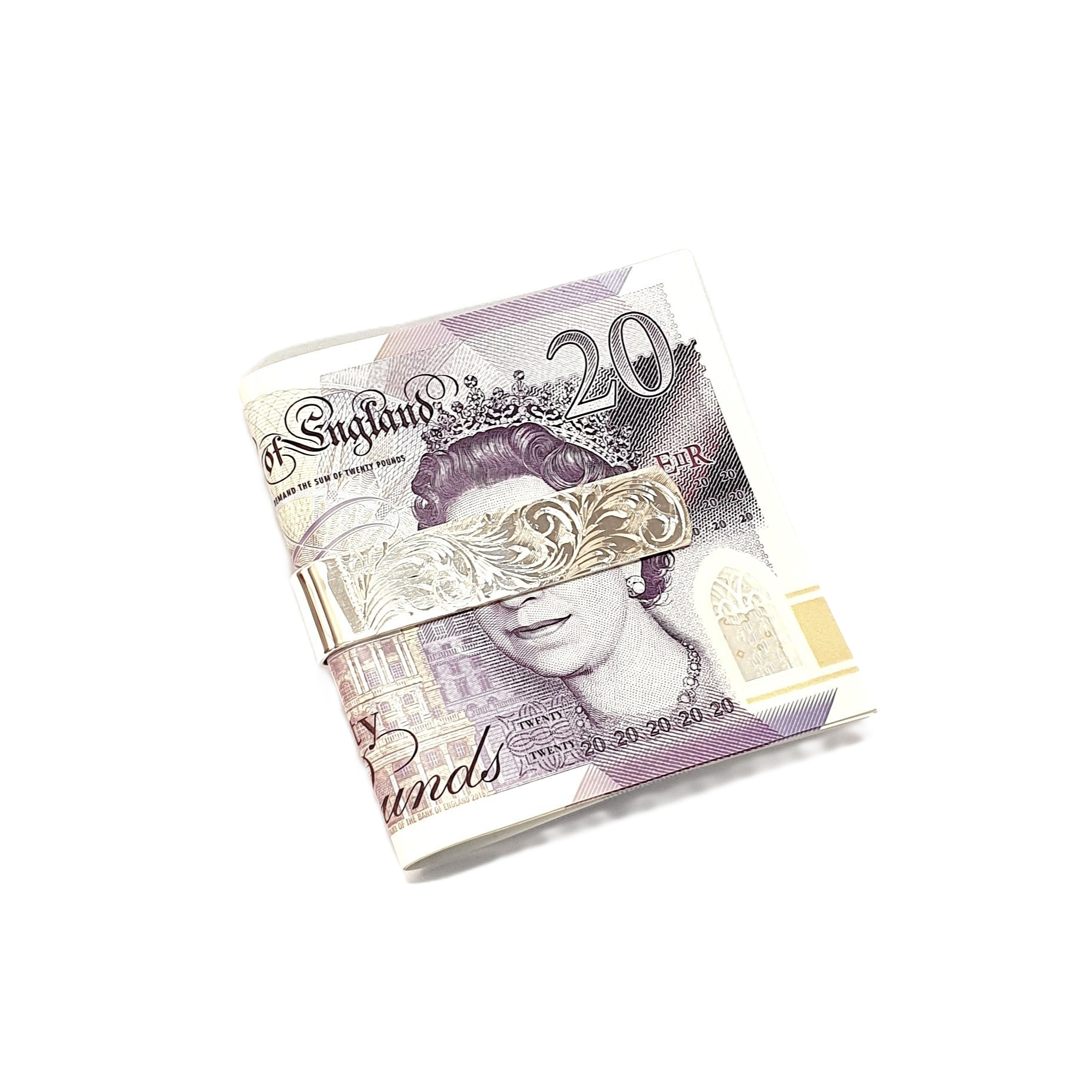 Picture with £20 Note: Sterling silver money clip securely holding a £20 note, showcasing its elegant scroll design.