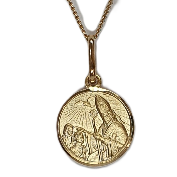 9ct yellow gold confirmation pendant and chain pictured close up for detail.