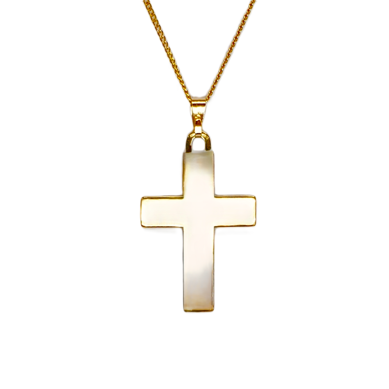 A picture of the plain polished back of the lords' Prayer cross pendant and chain necklace,