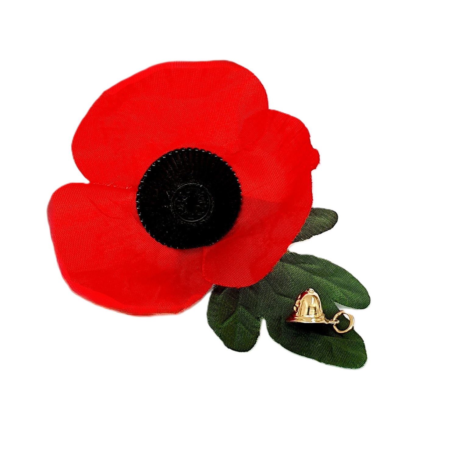Delicate 9ct gold charm with a policemen's hat, set against a red poppy.