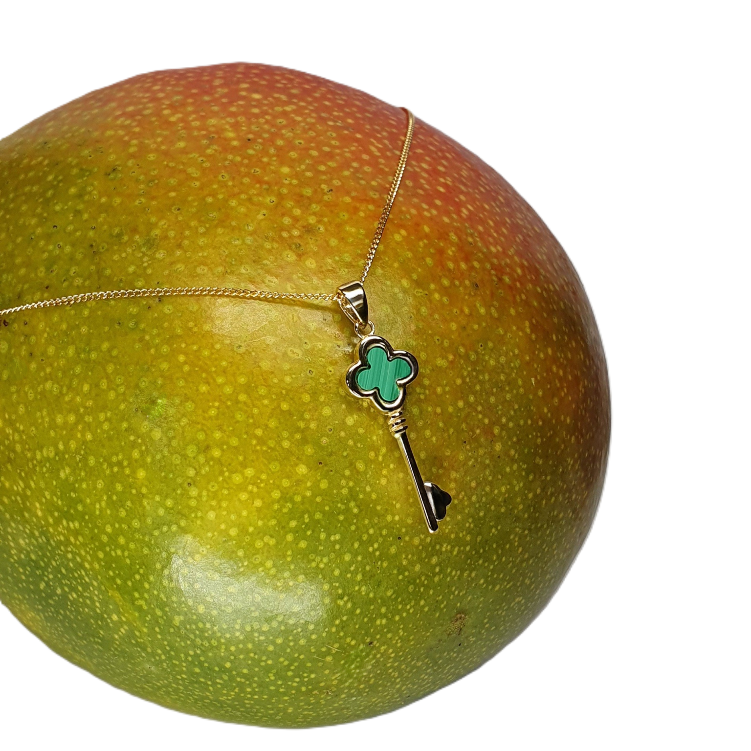 Right-facing on mango Angled to the right atop a mango, the necklace’s golden edges glisten in natural light, set against the organic texture and deep colour of the fruit.
