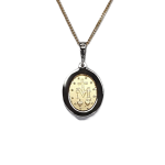 White & yellow gold oval Miraculous necklace surrounded with cubic zirconia, back view.