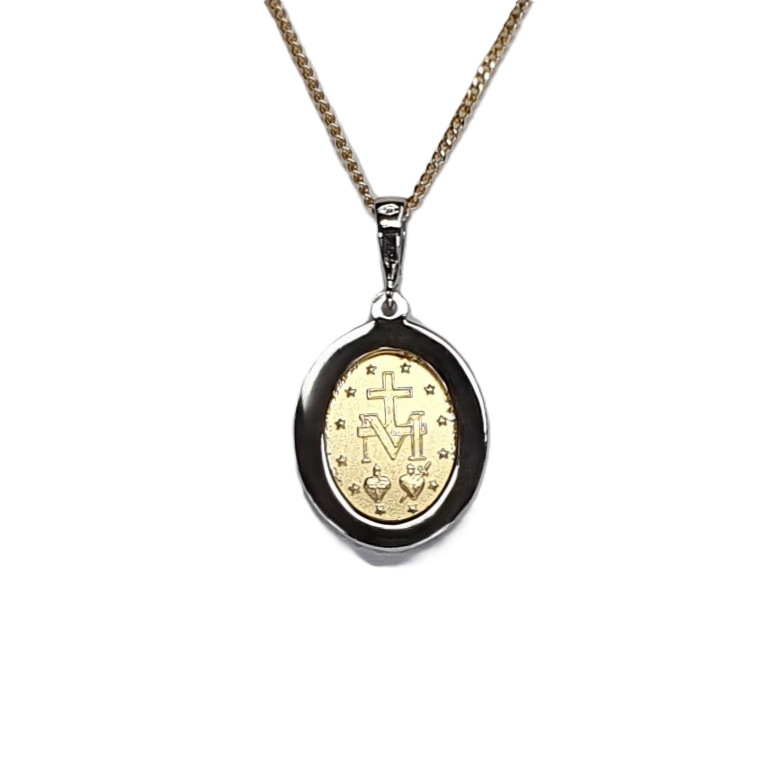 White & yellow gold oval Miraculous necklace surrounded with cubic zirconia, back view.
