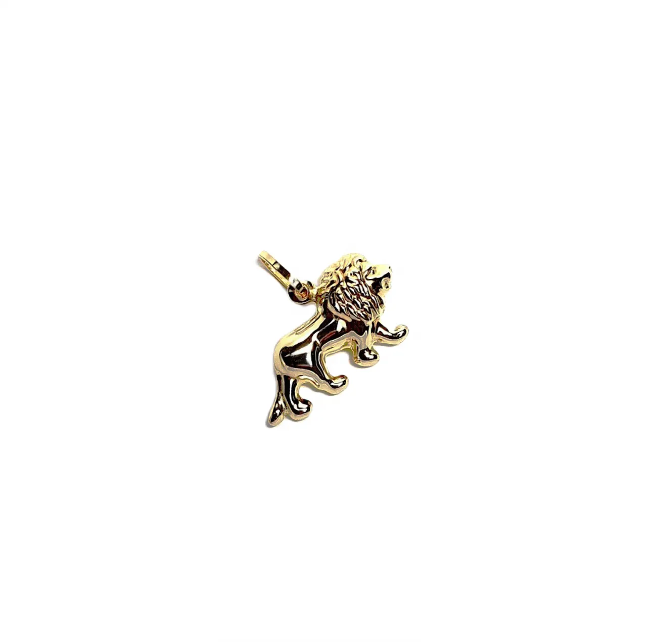 Gold charm of a lion pictured at an angle on a white background.