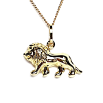 Close-up picture of a 3D lion necklace facing left, pictured on a white background.