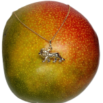 Puffed hollow three-dimensional 9ct yellow gold Lion Pendant and chain pictured on a Mango facing left.