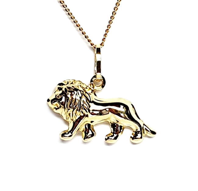 Close-up picture of a 3D lion necklace facing left, pictured on a white background.