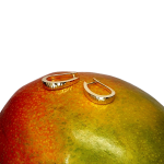 Diamond-cut hoop earring pictured laying flat on top of a mango for contrast.