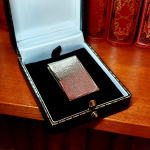 Gold money clip by Sampsom Morden with tree bark pattern picture of the front in antique-style gift box.