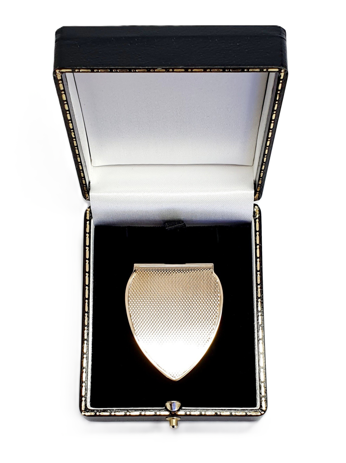 A solid gold money clip is pictured in the gift box.