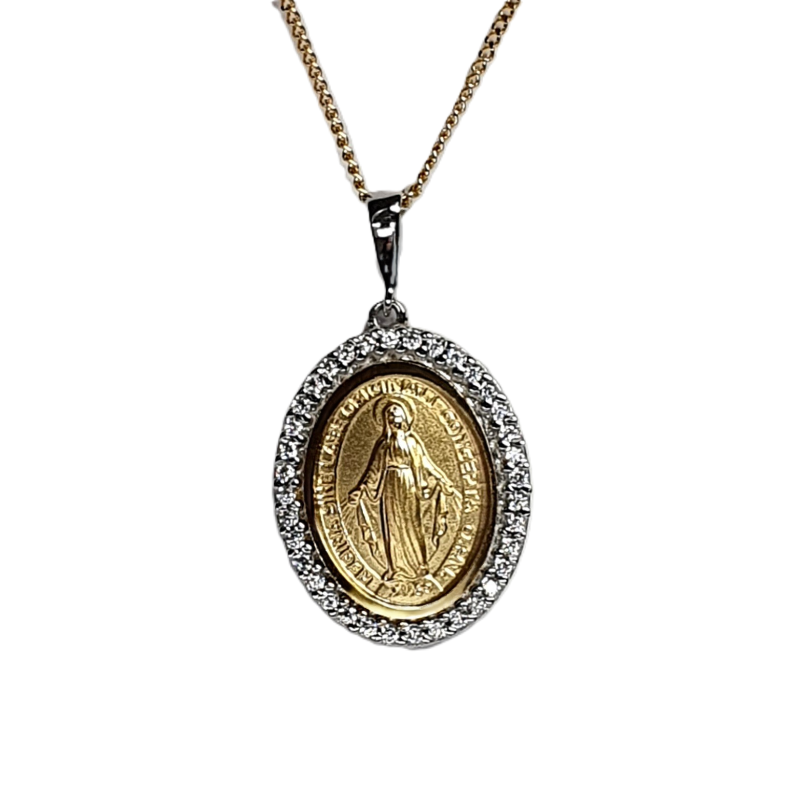 Hallmarked 9-carat yellow & white gold Miraculous oval Madonna necklace with a cubic zirconia border PC00558—size 3.