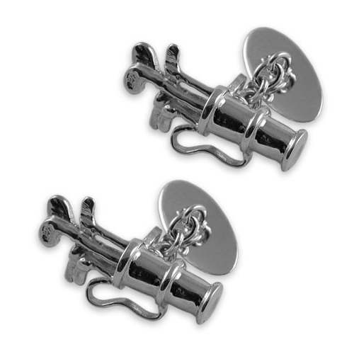 Sterling silver golf clubs and bag cufflinks with 925 chain‑link fastening and plain oval back