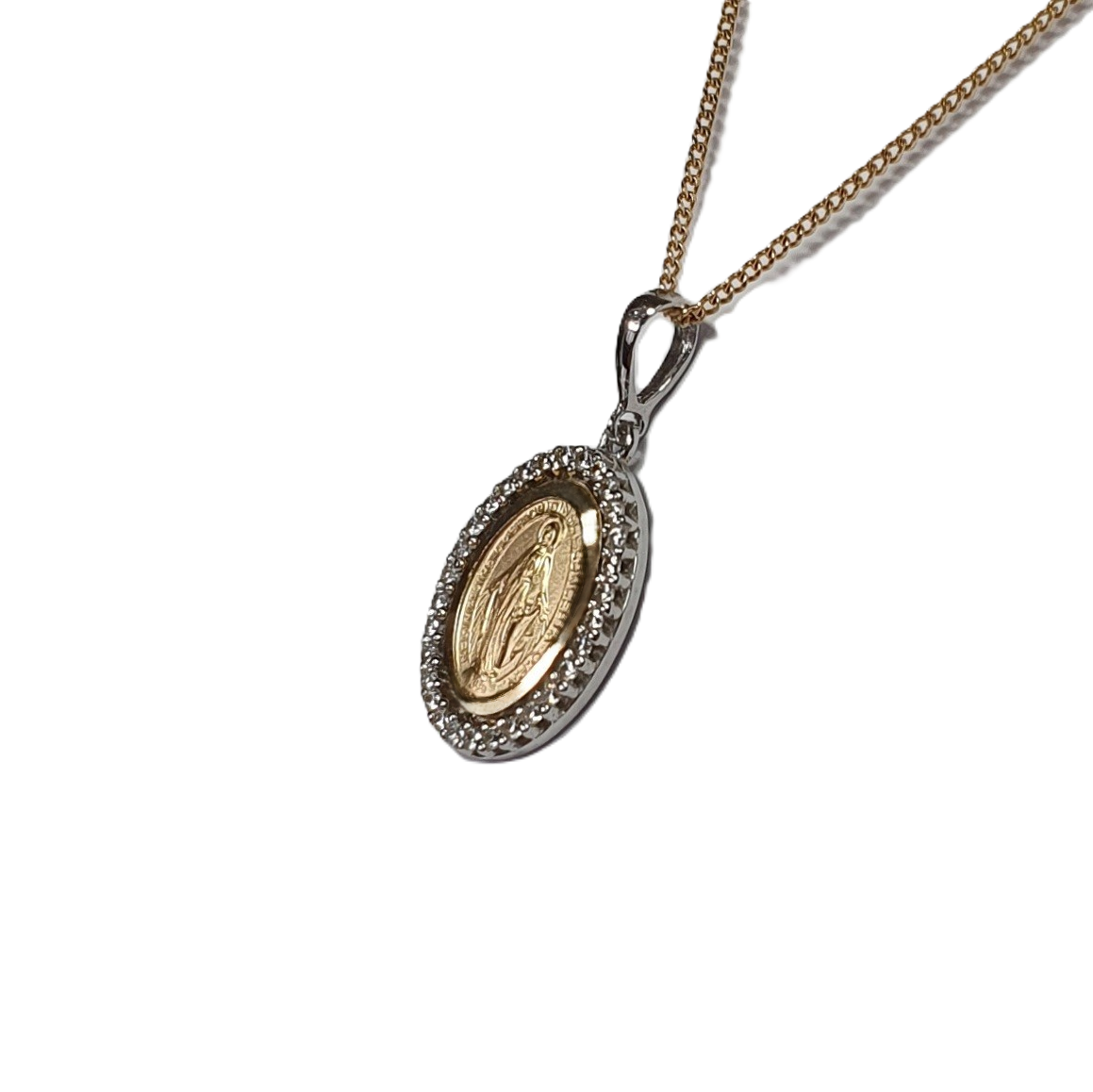 A two-tone, 9-carat gold Madonna pendant and chain surrounded by cubic zirconia. The front view leans right to show at an angle.