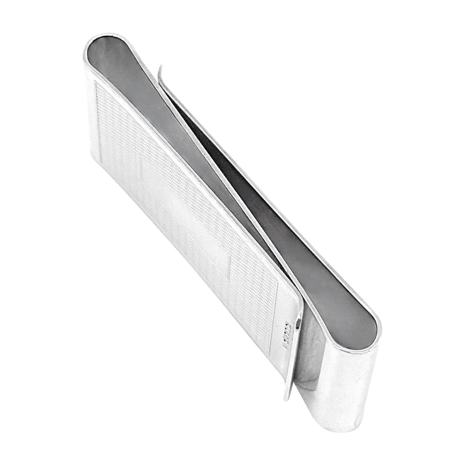 Edge view of the money clip, highlighting its ability to hold separate lots of notes."