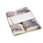 A washboard or ribbed design,925 silver, two-sided cash clip is pictured on a white background with two lots of twenty-pound notes.