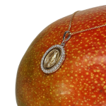 Hallmarked 9-carat yellow & white gold oval Miraculous necklace with a cubic zirconia border PC00557 is surrounded by a cubic zirconia border. The front view leans right to show at an angle pictured on a mango.