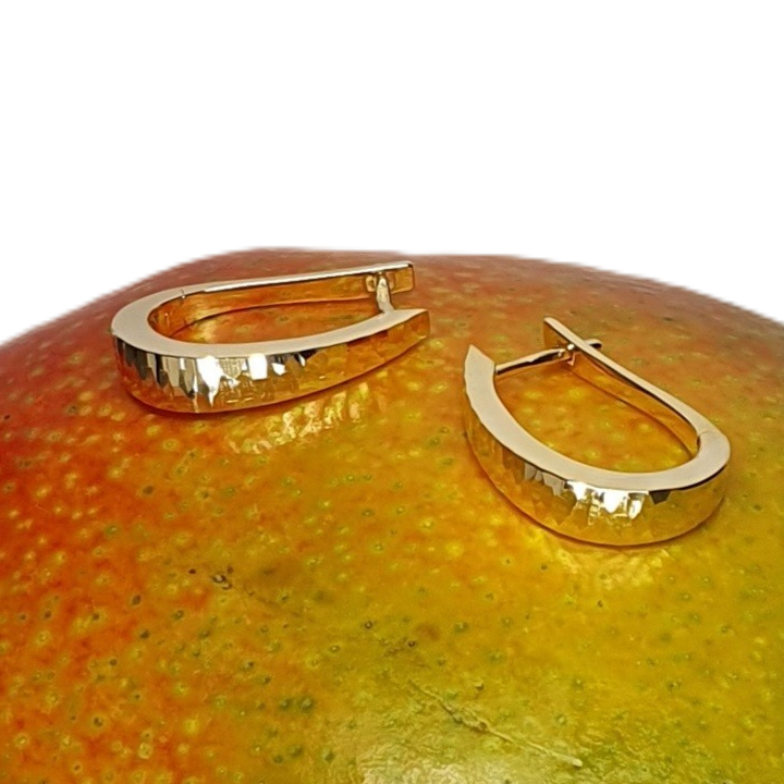 Diamond cut graduated hoop earrings pictured close up laying on a mango.