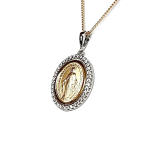 A two-tone, 9-carat gold Madonna pendant and chain surrounded by cubic zirconia. The front view leans right to show at an angle PC00558 size 3.