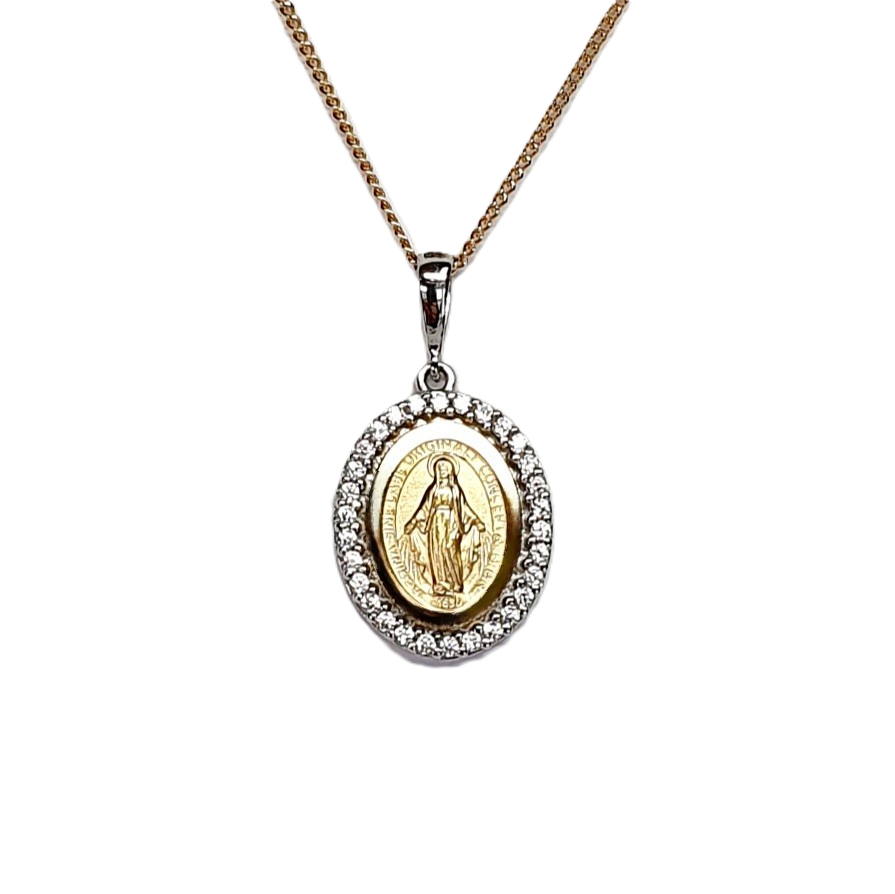 Hallmarked 9-carat yellow & white gold Miraculous oval Madonna necklace with a cubic zirconia border PC00557.