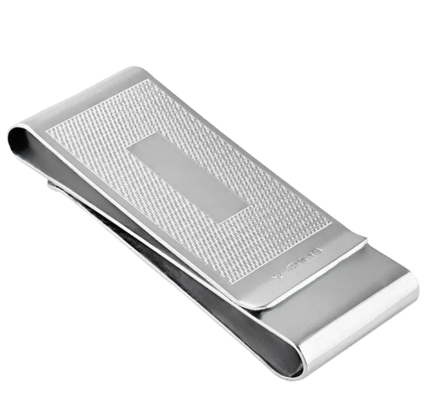 "Double Sided Patterned Silver Money Clip MC00032 showcasing its intricate engine turned patterned design."