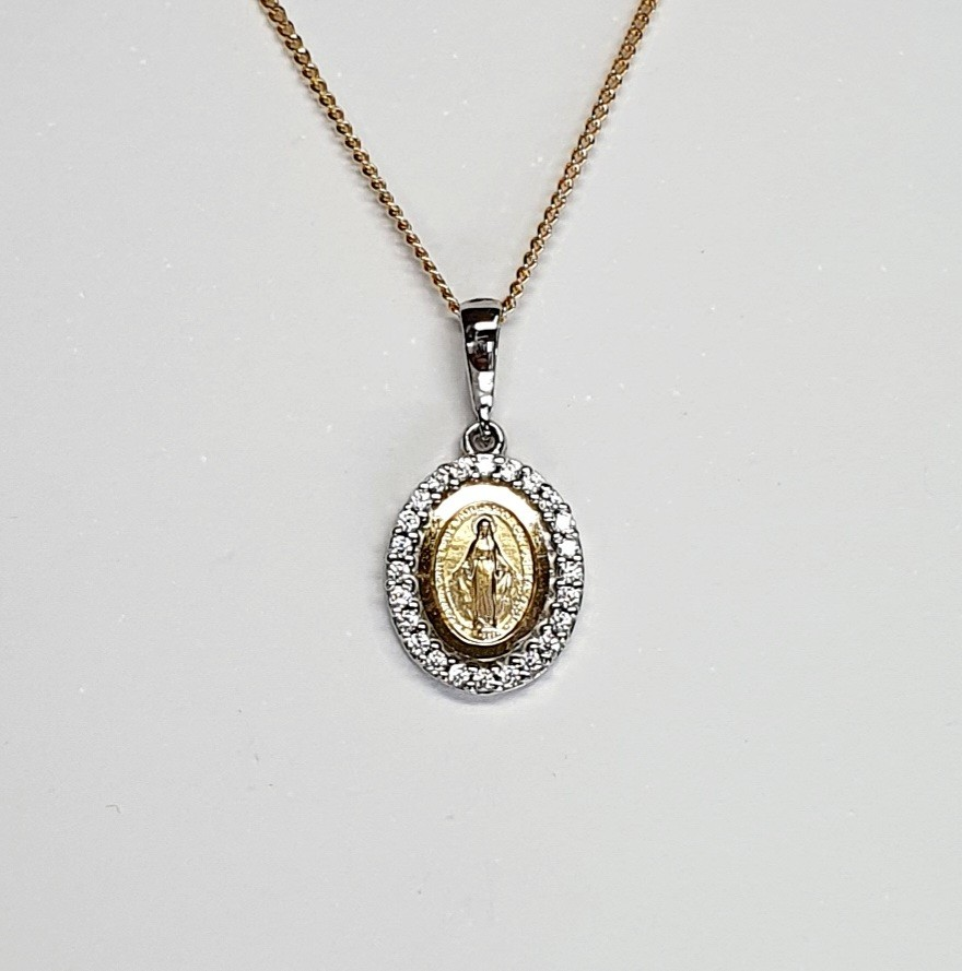 Hallmarked 9-carat yellow & white gold Miraculous oval Madonna necklace with a cubic zirconia border PC00557.