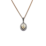 Hallmarked 9-carat yellow & white gold oval Miraculous Madonna necklace with a cubic zirconia border PC00556.