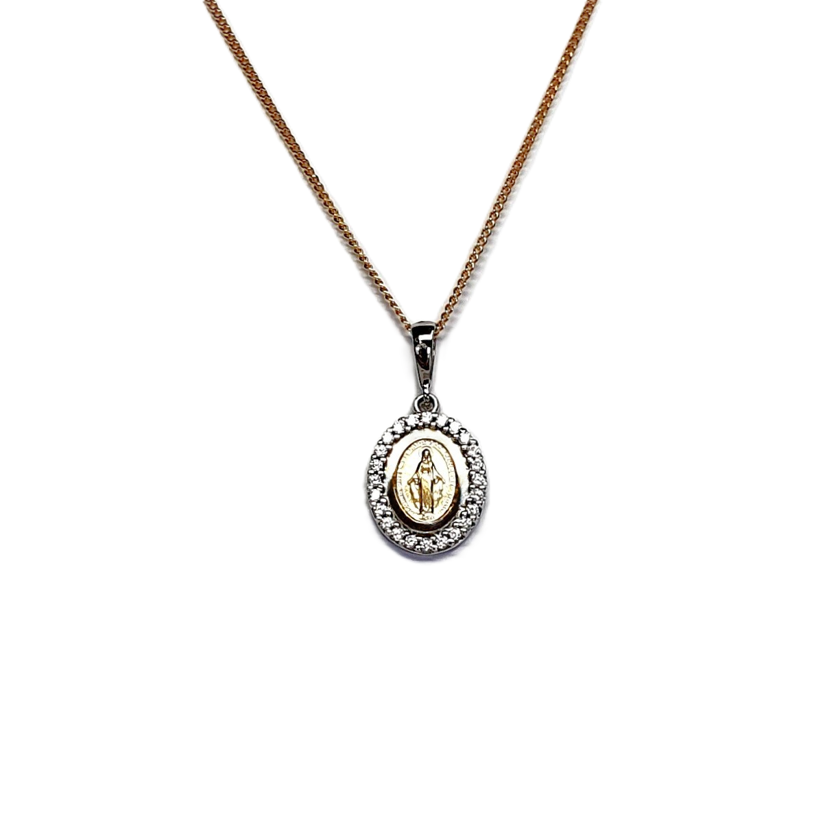 Hallmarked 9-carat yellow & white gold oval Miraculous Madonna necklace with a cubic zirconia border PC00556.