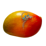 Blue Zircon gold brooch pictured on a mango.