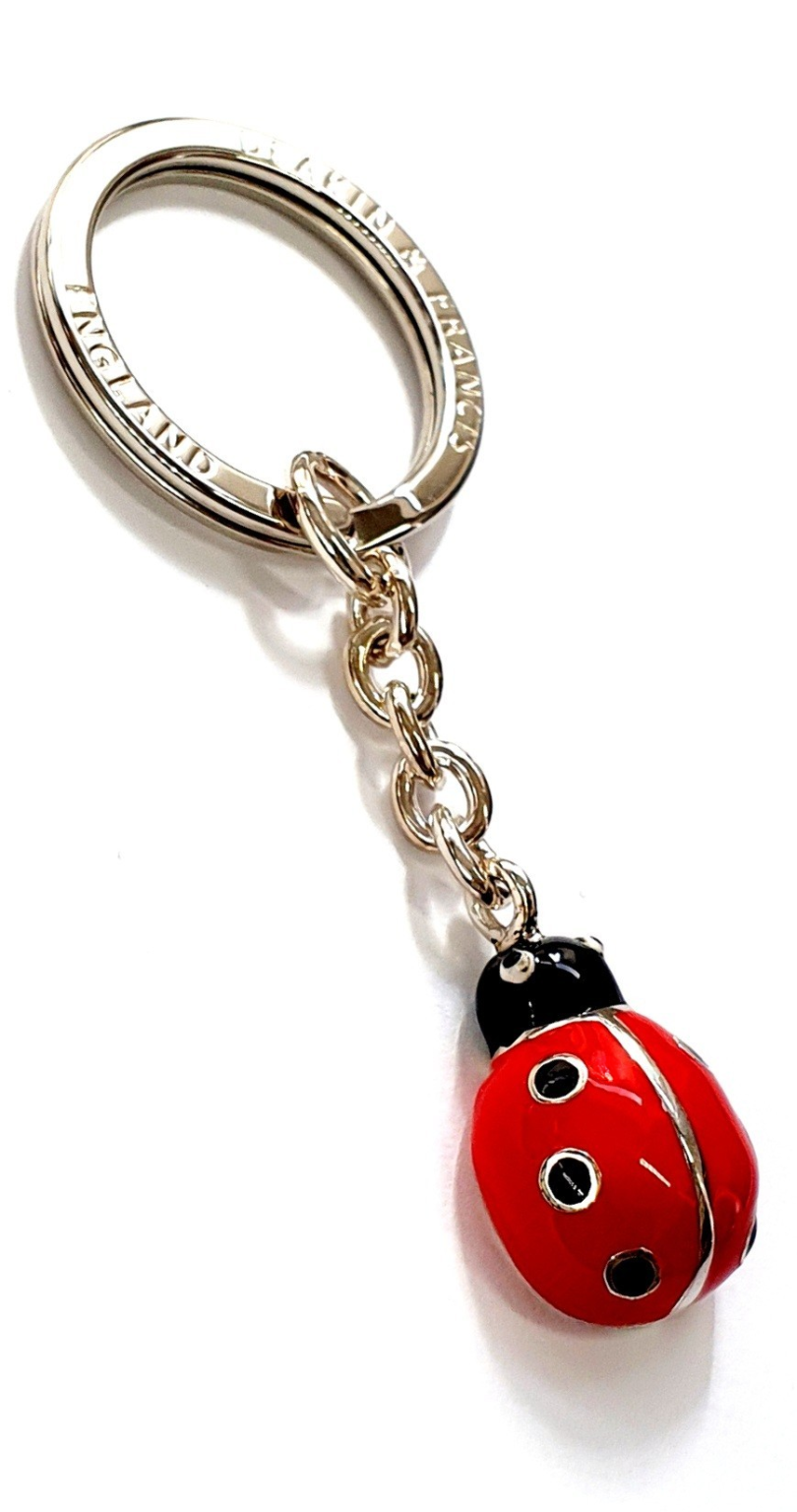 Close-up picture of a Ladybird in red and black vitreous enamel on a key fob made in real silver.