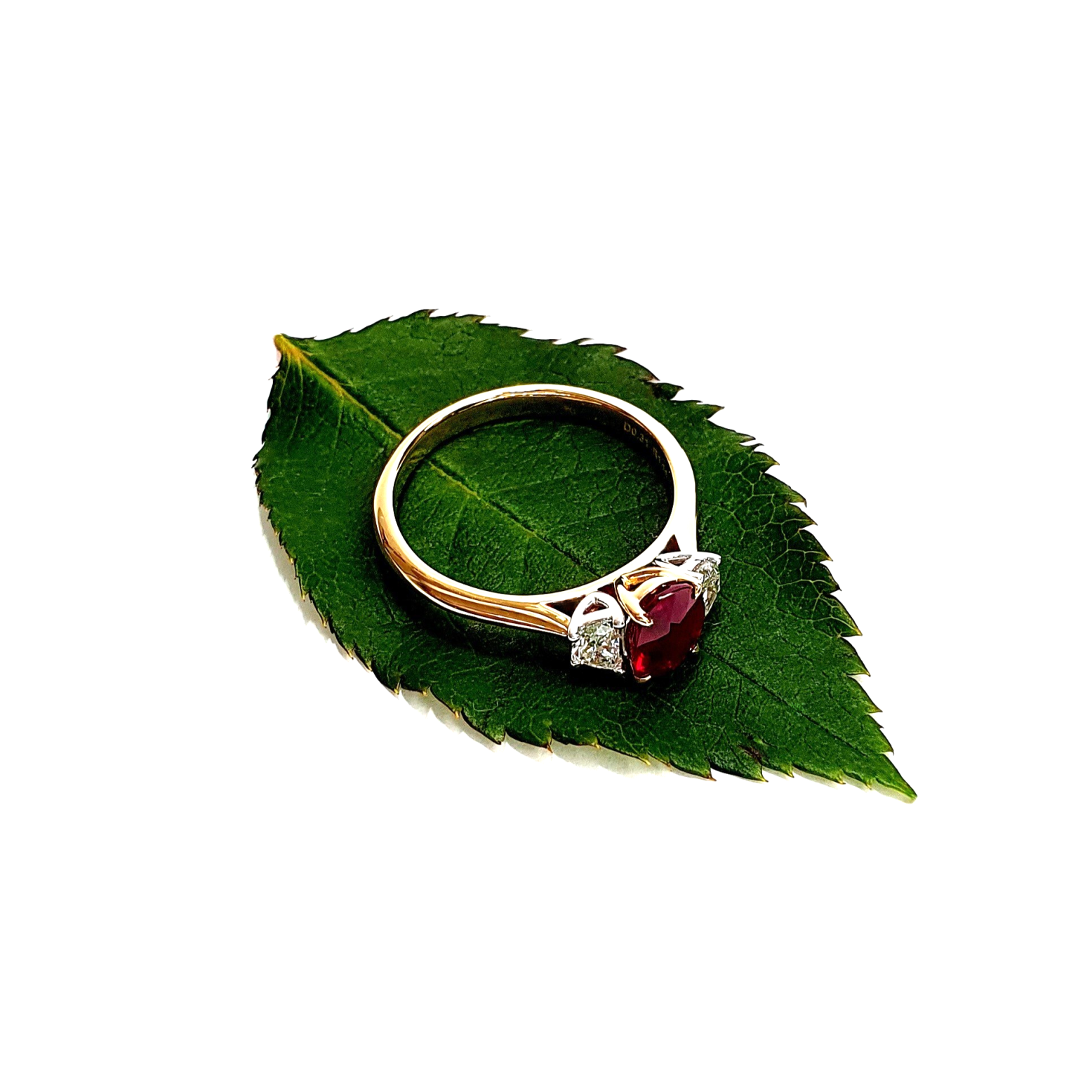 An 18ct yellow gold three-stone ring with one oval ruby and two half-moon diamonds set in 18ct white gold, one on each side, is pictured on a green leaf, RA00698.