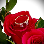 18ct yellow gold three-stone ring with one oval ruby and two half-moon diamonds set in 18ct white gold, one on each side, pictured on a bunch of roses RA00698.