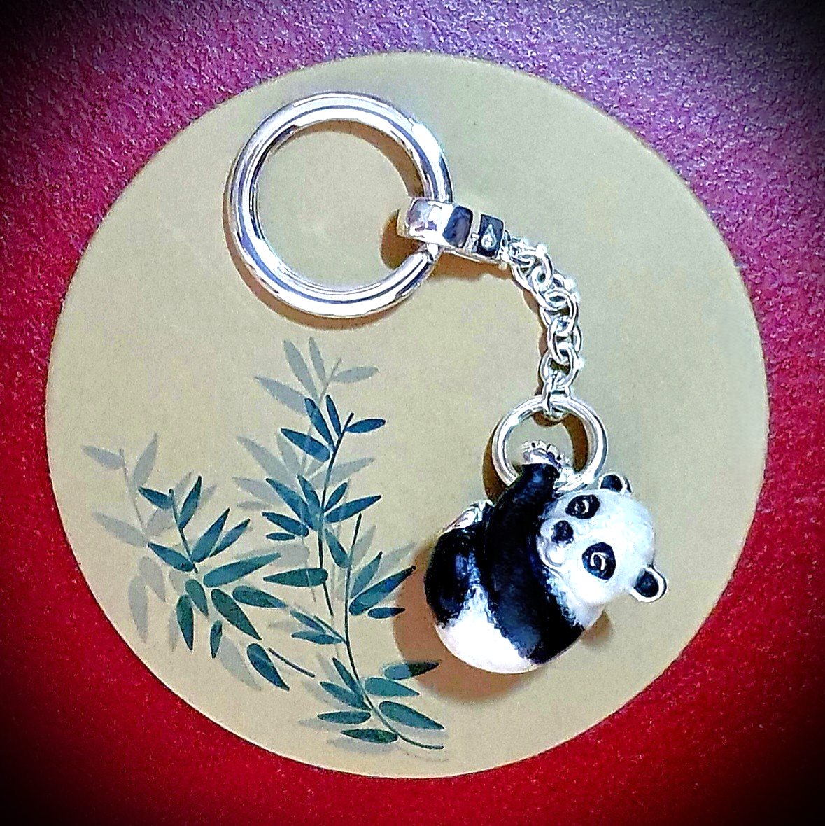 Real silver Panda bear key ring fob with black & white vitreous enamel.