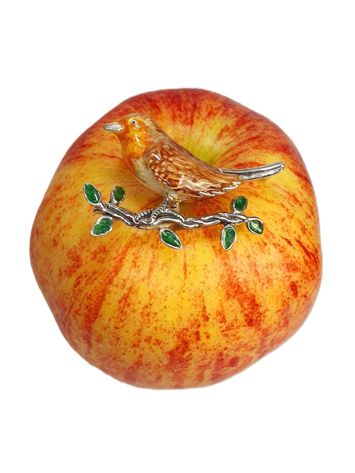 Sterling Silver Enamelled Robin Brooch BRS0011. Pictured on an apple.