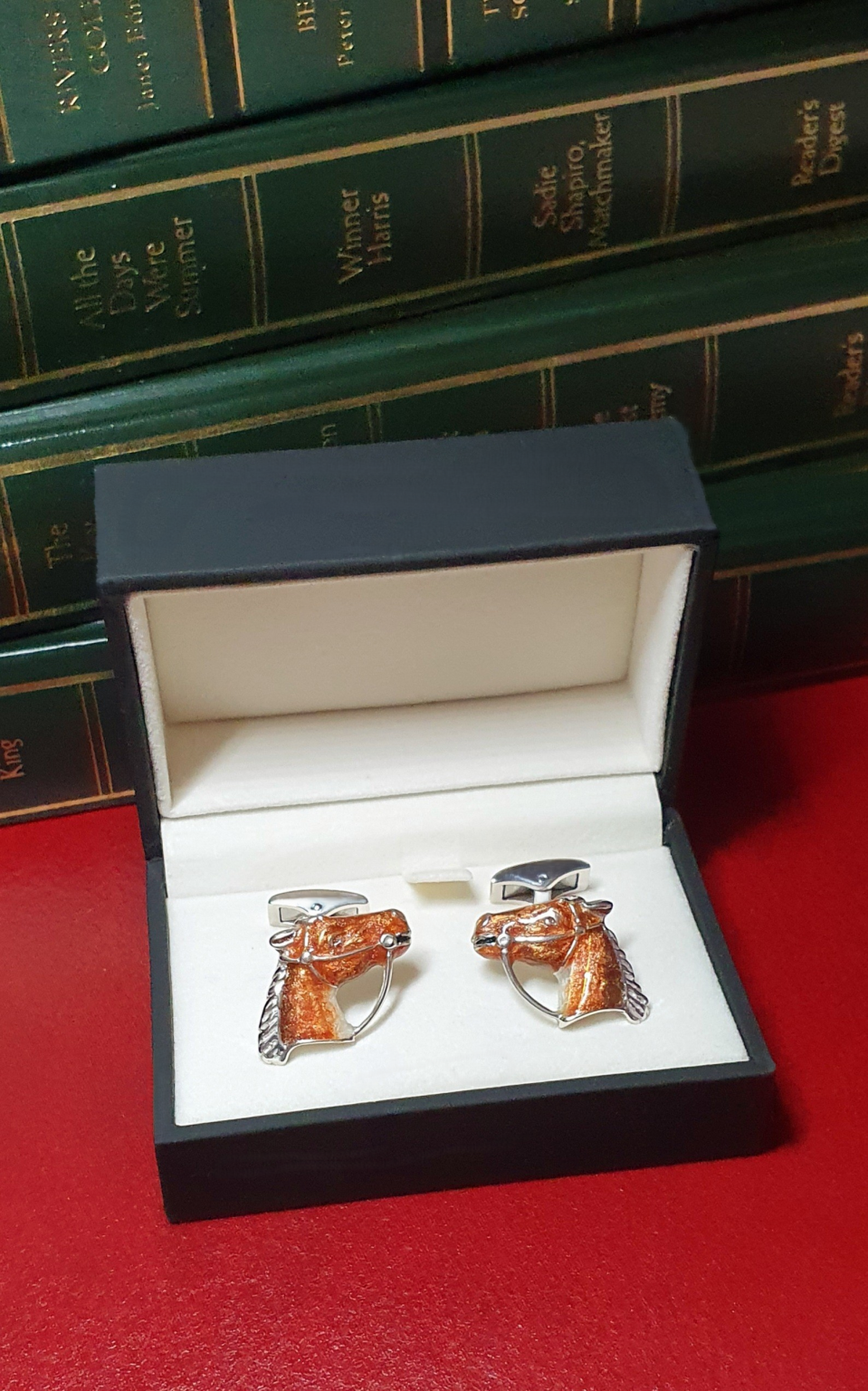 Luxury men’s accessory – silver horse head cufflinks presented in a gift box