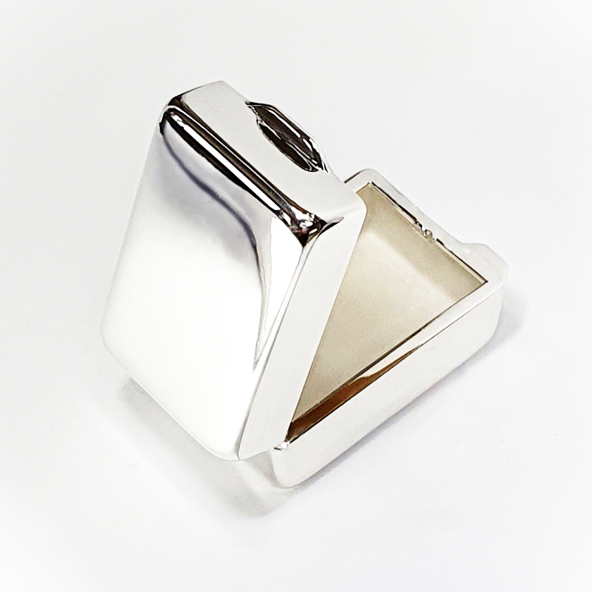 Real silver box for your pills shown open from behind, highlighting the hinged lid and interior compartment with reflective silver detailing.
