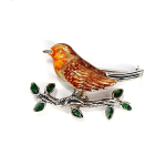Saturno silver enamelled robin red breast brooch sitting on a branch with enamelled green leaves.