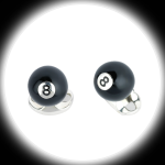 Handcrafted silver cufflinks with a smooth black enamel 8-ball design, a stylish accessory for pool players and collectors.