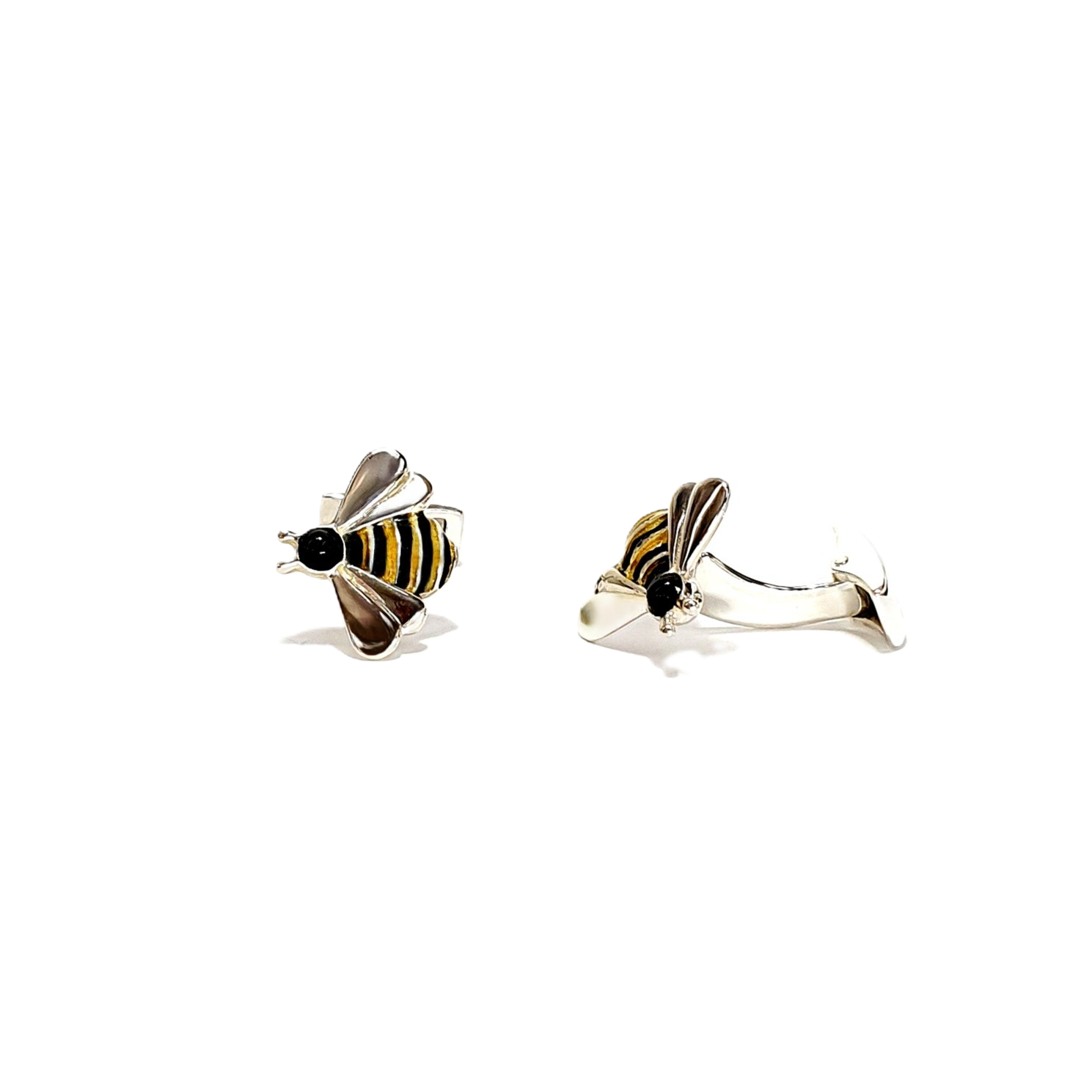 Dual-angle shot of bee cufflinks on a white background – One facing front, the other turned left, displaying intricate craftsmanship from multiple perspectives.