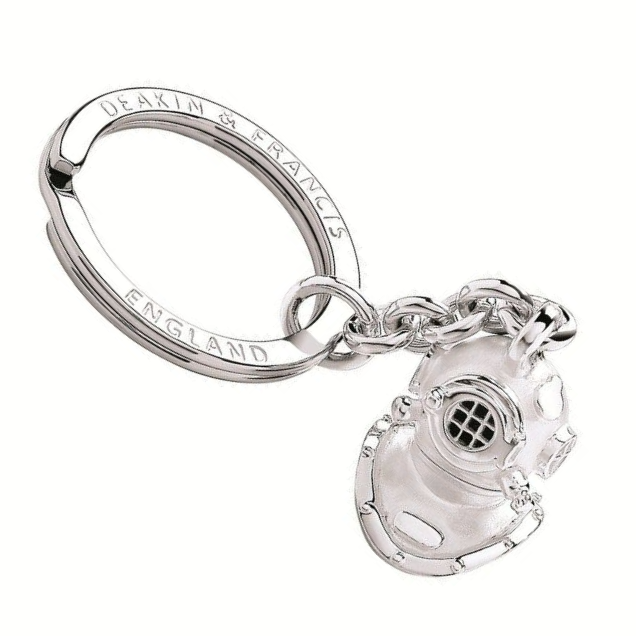 Classic: "Hallmarked sterling silver keyring featuring a matte finish with polished highlights, diver’s helmet, handcrafted by Deakin & Francis."