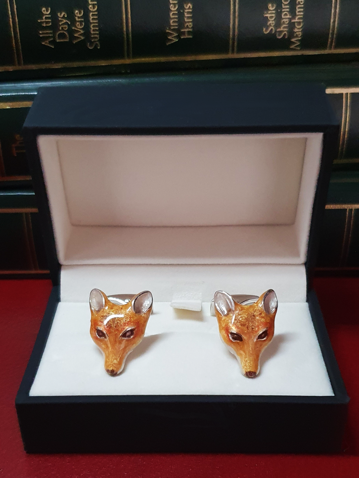 Foxley Sterling Silver Enamelled Fox Head Cufflinks Pictured in the box.