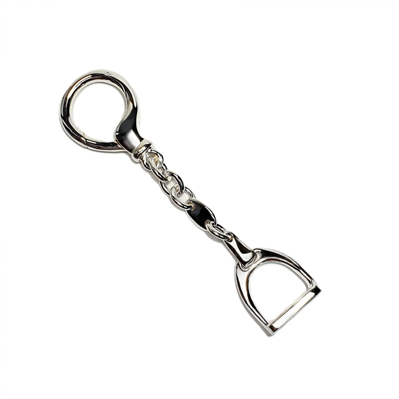 Genuine sterling silver horse stirrup keyring fob with a highly polished finish.