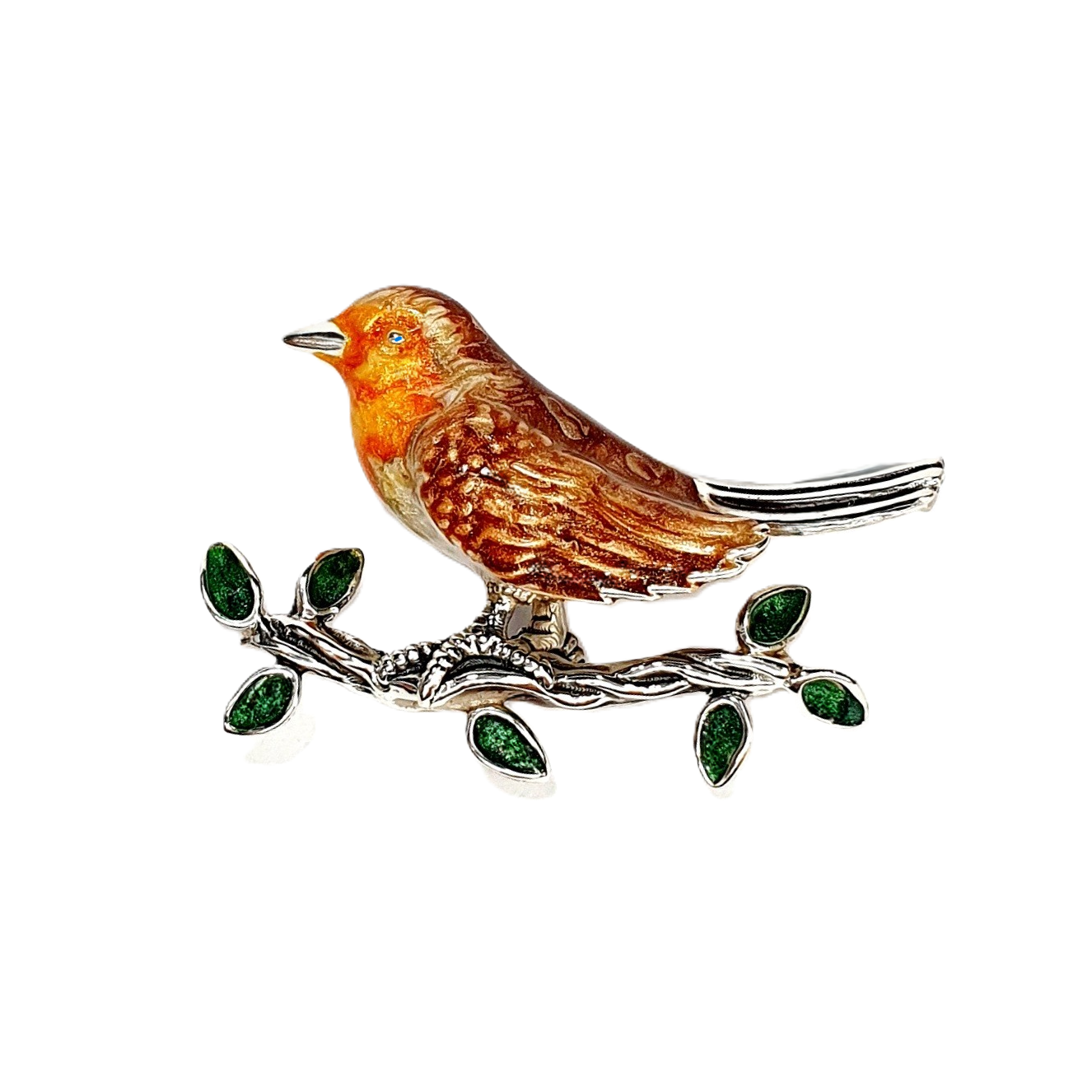 Saturno silver enamelled robin red breast brooch sitting on a branch with enamelled green leaves.