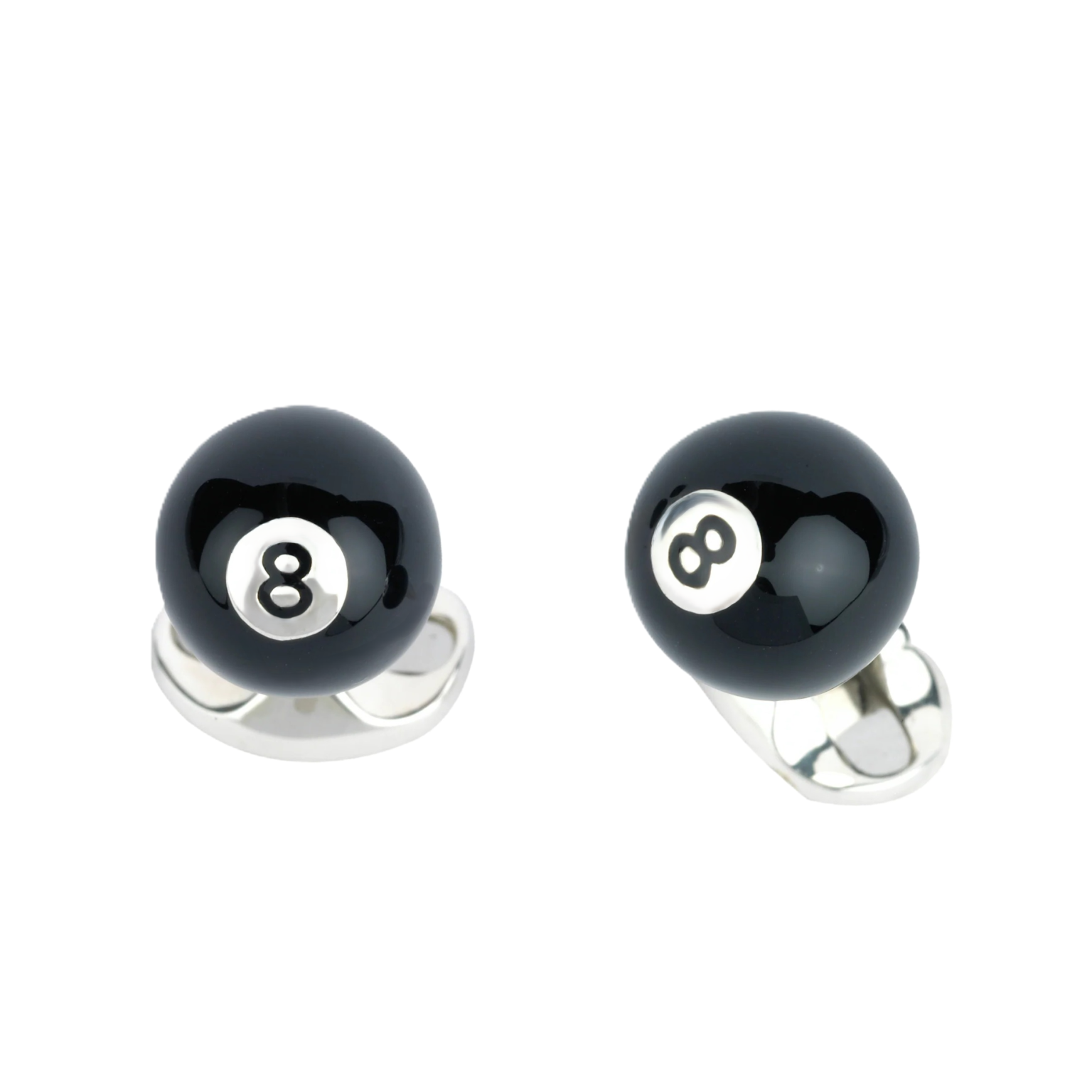 Elegant pool-themed cufflinks in sterling silver with a glossy black enamel finish, designed for a timeless, sophisticated look.
