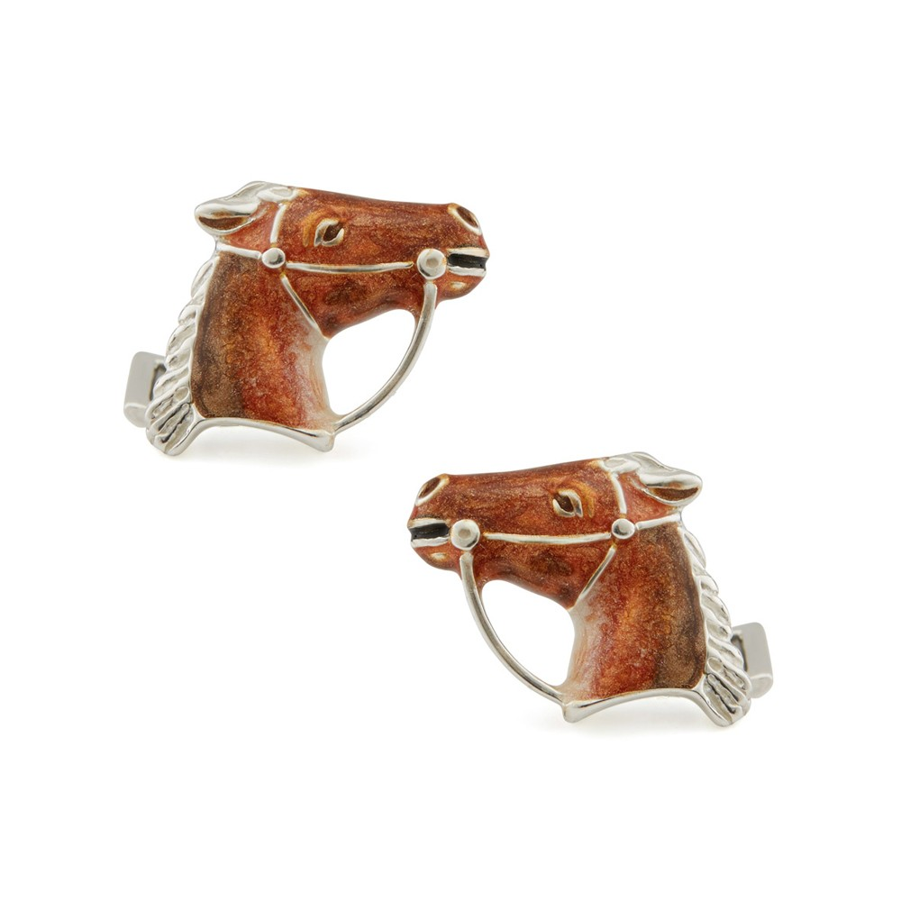 Close-up of hand-enamelled horse head cufflinks inspired by Newmarket's racing heritage