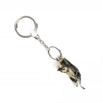 This Saturno handcrafted enamel keyring captures the playful personality of a grey brown tabby cat, hanging whimsically from the ring order number KF00048.Pictured from the side.