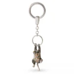 Hallmarked 925 silver cat keyfob or handbag charm with grey and brown enamel swinging from a ring.