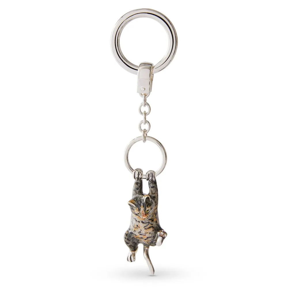 Hallmarked 925 silver cat keyfob or handbag charm with grey and brown enamel swinging from a ring.