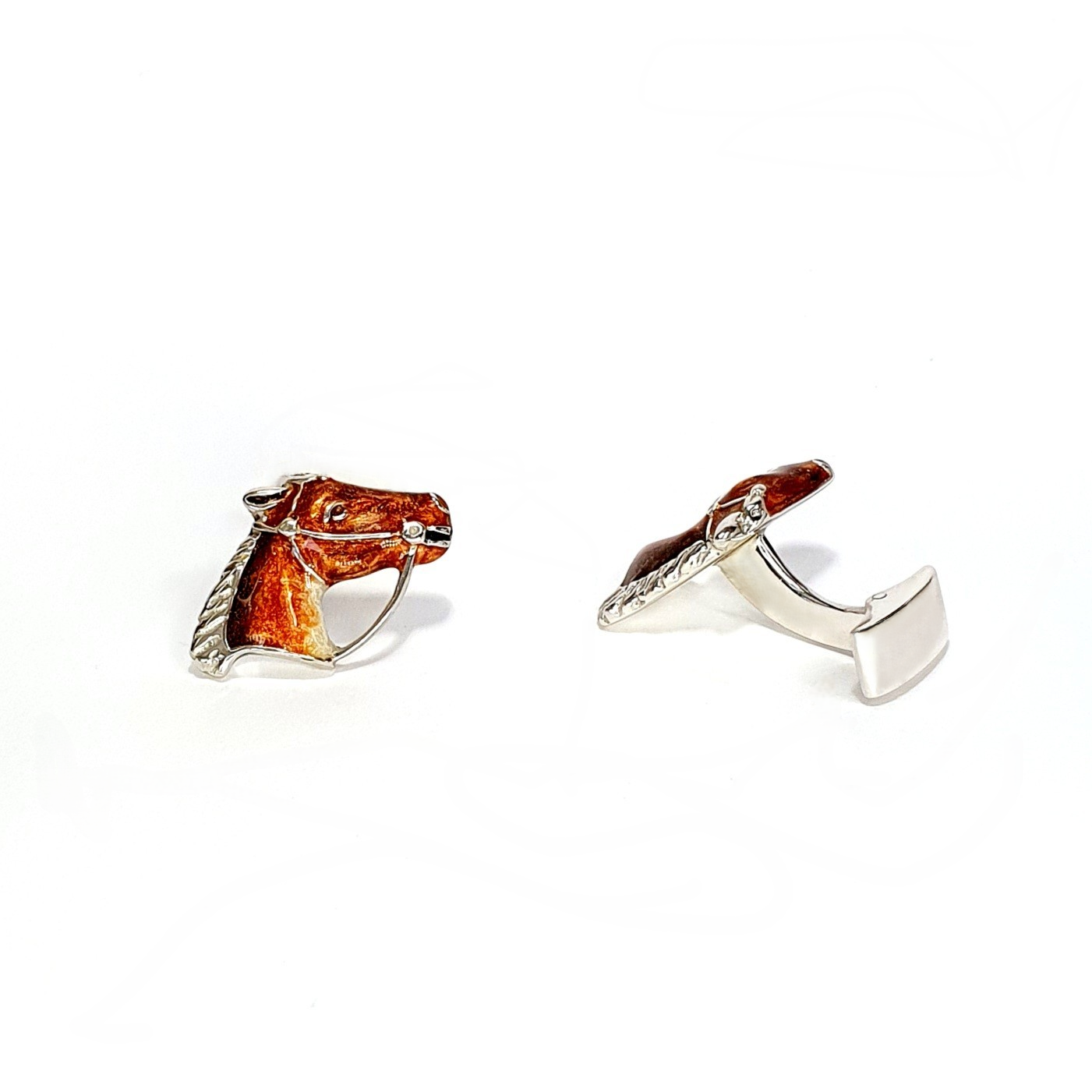 Newmarket sterling silver horse head cufflinks with chestnut enamel and polished silver mane