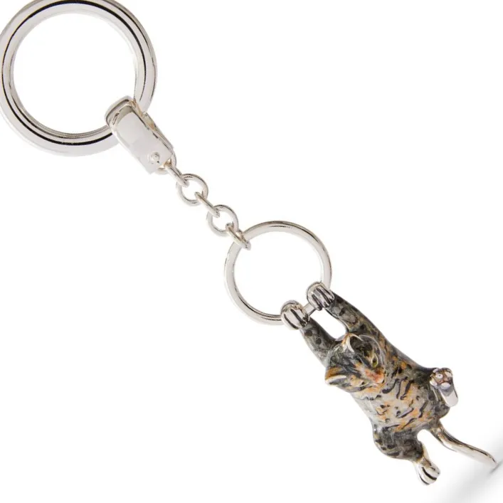 Hallmarked 925 silver cat keyfob or handbag charm with grey and brown enamel swinging from a ring.