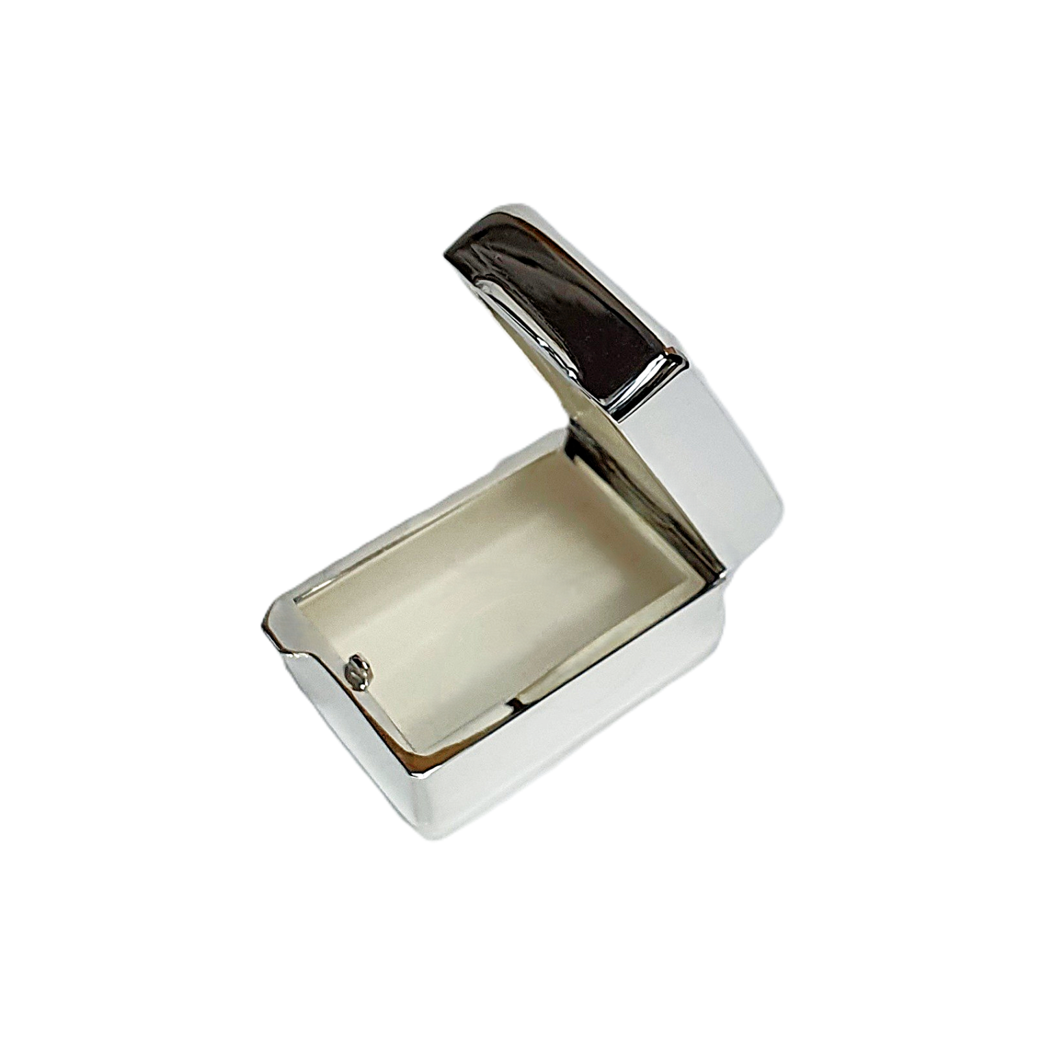 Genuine silver pill box shown open from side angle, revealing internal compartment and fine craftsmanship of lid fitting.